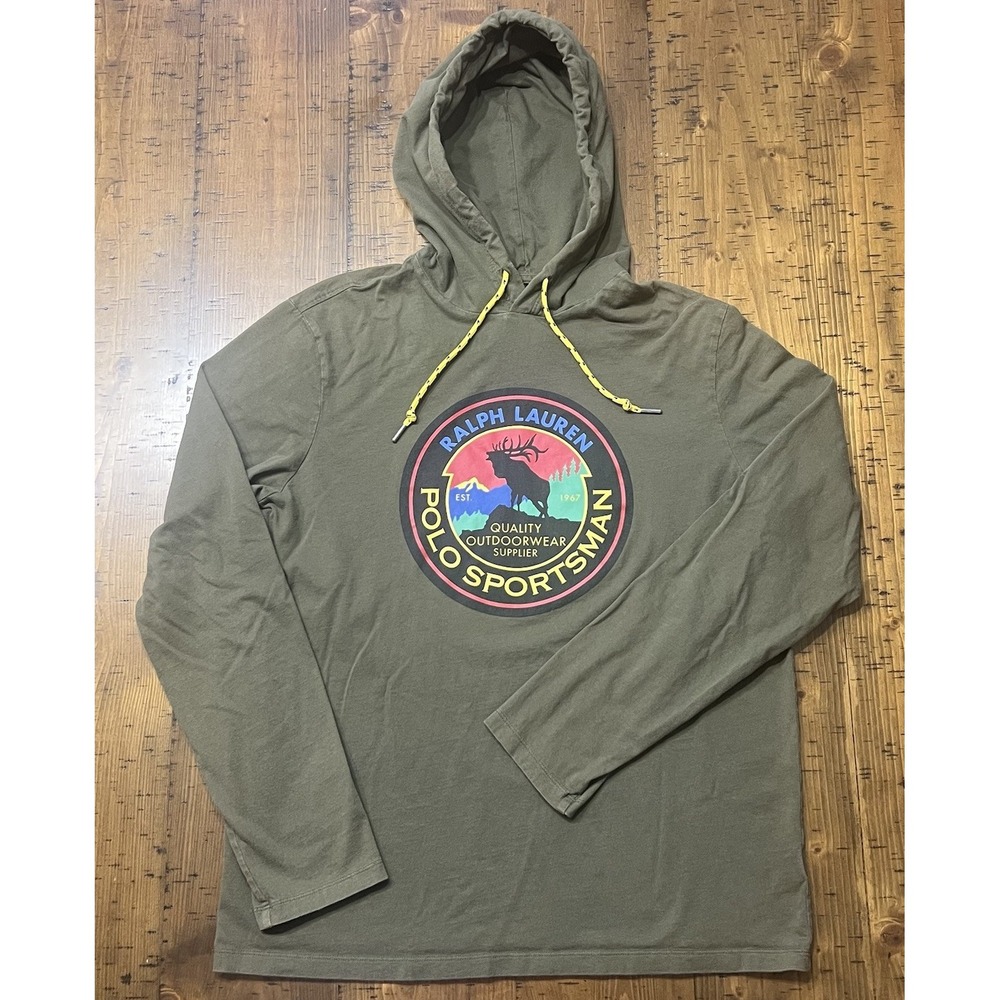 Polo Country Ralph Lauren Shirt Men's M Green Hooded Sportsmans Logo Long Sleeve